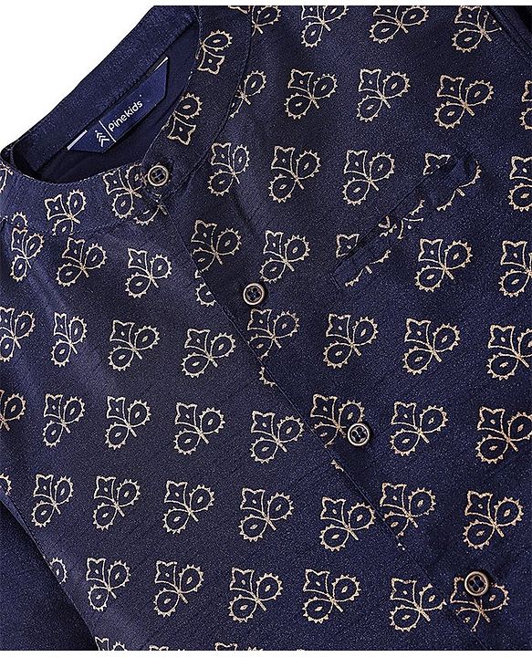 Pine Kids Printed Full Sleeves Kurta Pyjama with Floral Printed Bandi - Navy Blue