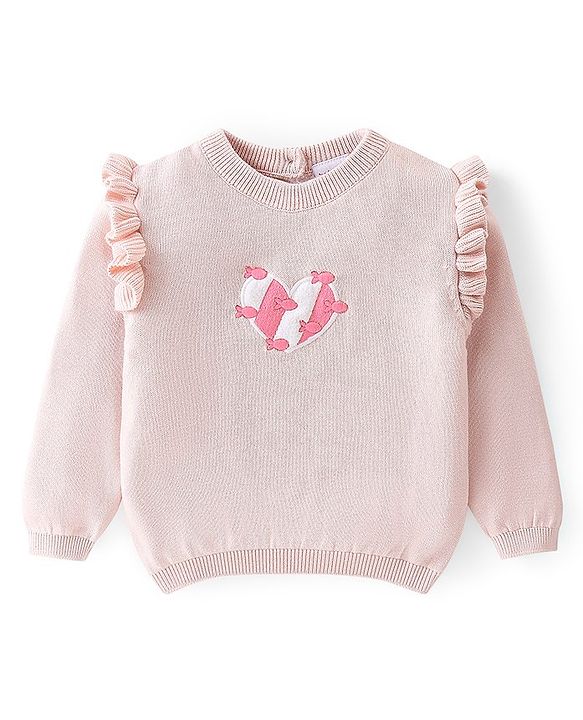 Babyhug Full Sleeves Pullover Sweater with Heart Embroidered - Pink