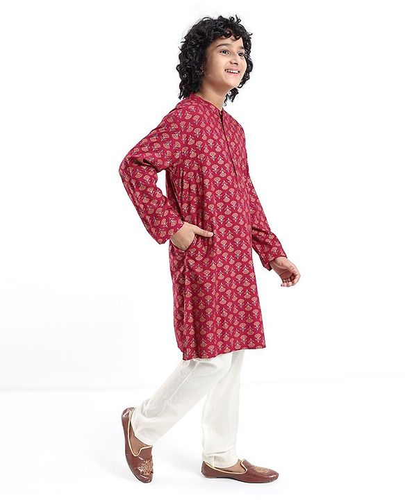 Pine Kids 100 % Viscose Woven Full Sleeves  Foil Printed   Kurta & Pajama Set - Dark Pink