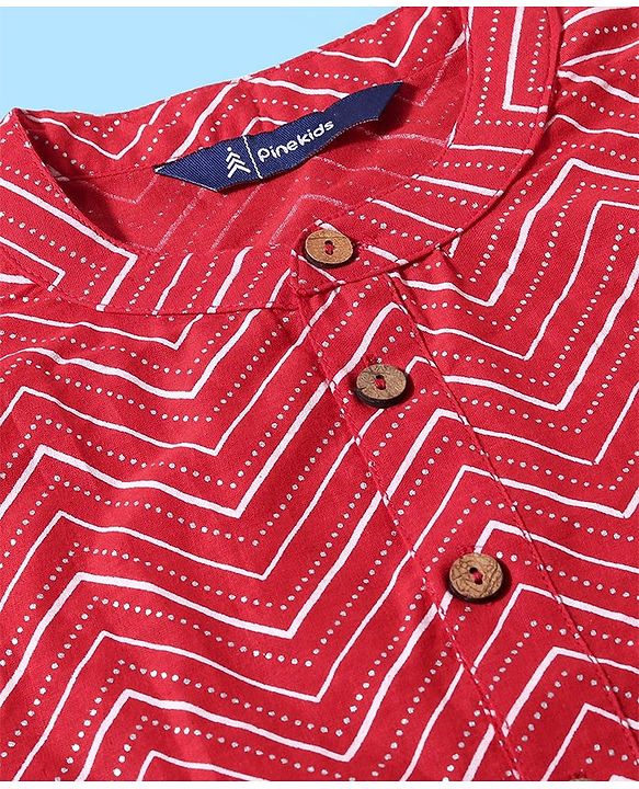 Pine Kids Full Sleeves Chevron Printed Kurta Pyjama Set- Red