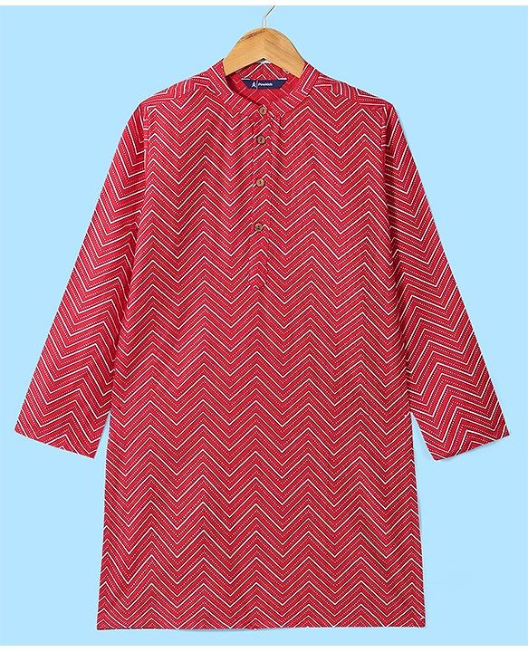 Pine Kids Full Sleeves Chevron Printed Kurta Pyjama Set- Red