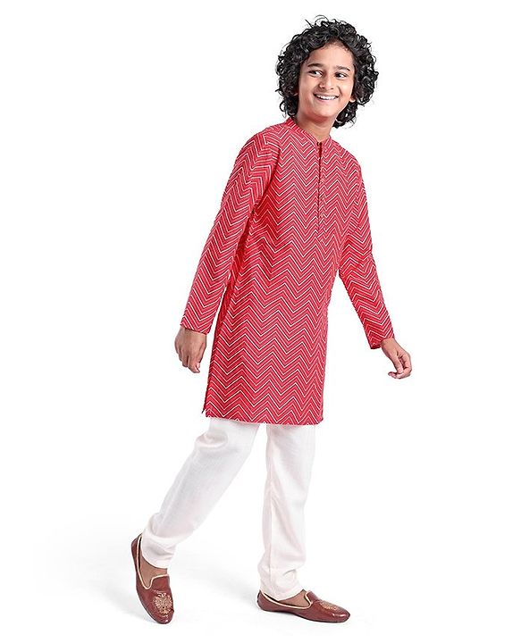 Pine Kids Full Sleeves Chevron Printed Kurta Pyjama Set- Red