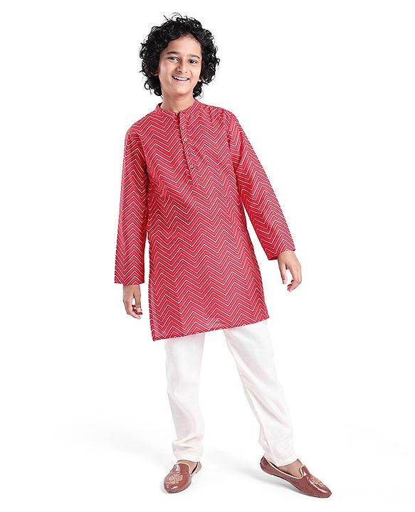 Pine Kids Full Sleeves Chevron Printed Kurta Pyjama Set- Red