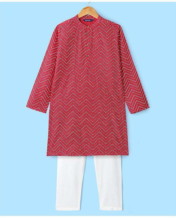 Pine Kids Full Sleeves Chevron Printed Kurta Pyjama Set- Red