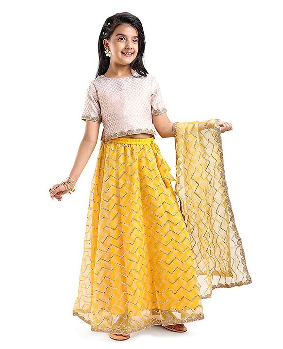 Pine Kids Half Sleeves Chevron Embroidered Choli & Lehenga with  Dupatta Set- Yellow
