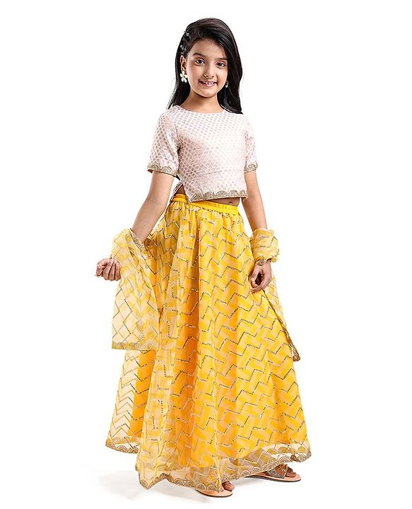 Pine Kids Half Sleeves Chevron Embroidered Choli & Lehenga with  Dupatta Set- Yellow