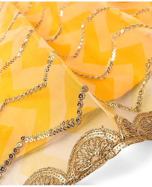 Pine Kids Half Sleeves Chevron Embroidered Choli & Lehenga with  Dupatta Set- Yellow