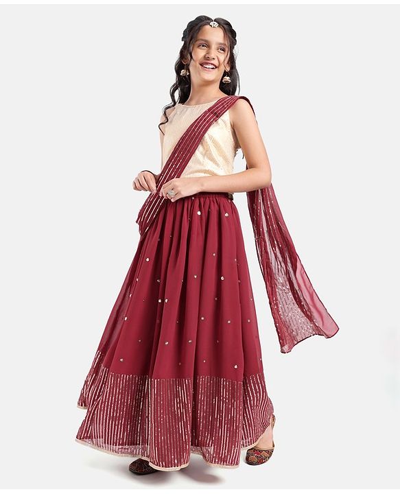 Pine Kids Sleeveless Sequined Choli Lehenga Set In Saree Style- Maroon