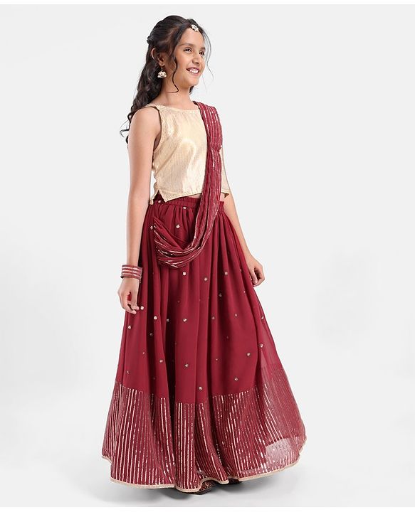 Pine Kids Sleeveless Sequined Choli Lehenga Set In Saree Style- Maroon