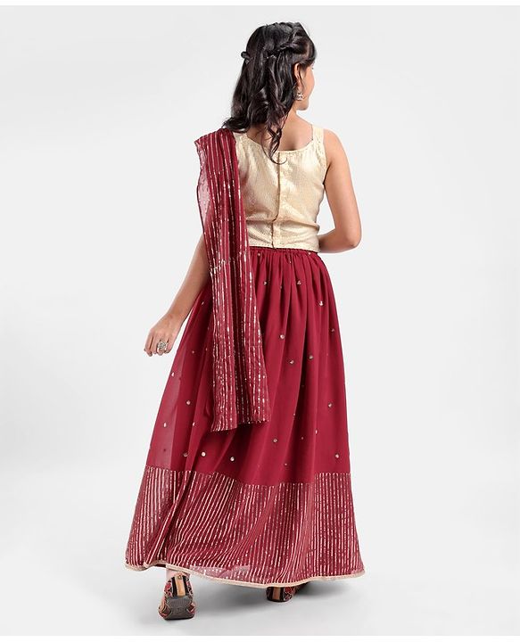 Pine Kids Sleeveless Sequined Choli Lehenga Set In Saree Style- Maroon