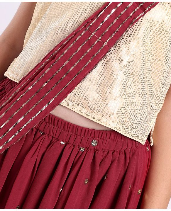 Pine Kids Sleeveless Sequined Choli Lehenga Set In Saree Style- Maroon