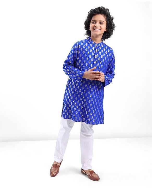 Pine Kids Foil Printed Full Sleeves Kurta Pyjama Set-  Blue