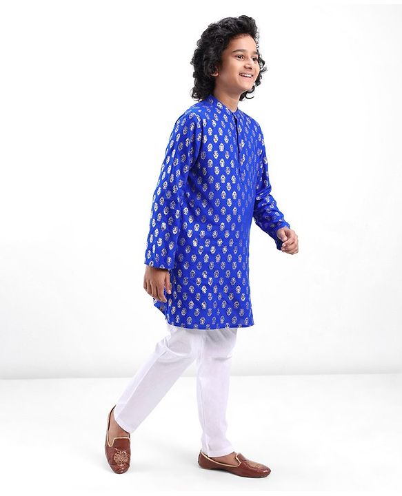 Pine Kids Foil Printed Full Sleeves Kurta Pyjama Set-  Blue