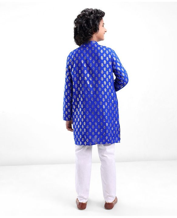 Pine Kids Foil Printed Full Sleeves Kurta Pyjama Set-  Blue
