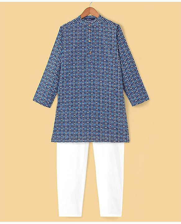 Pine Kids Cotton Full Sleeves All Over Printed Kurta Pyjama Set- Blue