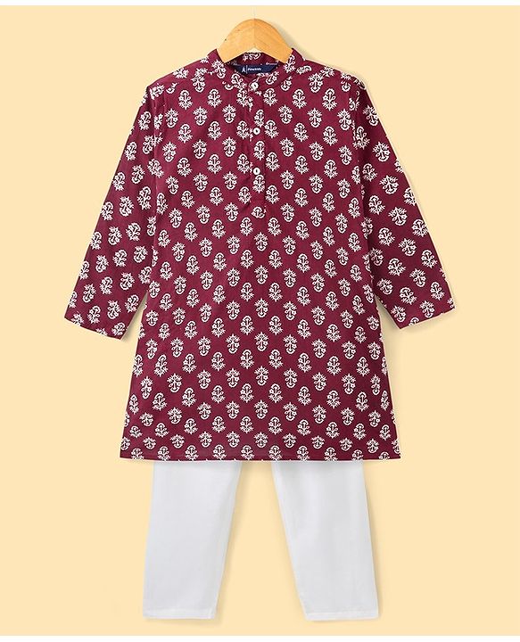 Pine Kids Cotton Woven Full Sleeves Floral Printed Kurta & Pajama Set - Maroon