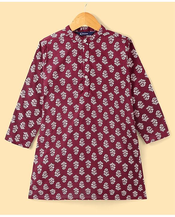 Pine Kids Cotton Woven Full Sleeves Floral Printed Kurta & Pajama Set - Maroon
