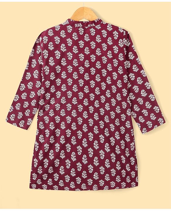 Pine Kids Cotton Woven Full Sleeves Floral Printed Kurta & Pajama Set - Maroon