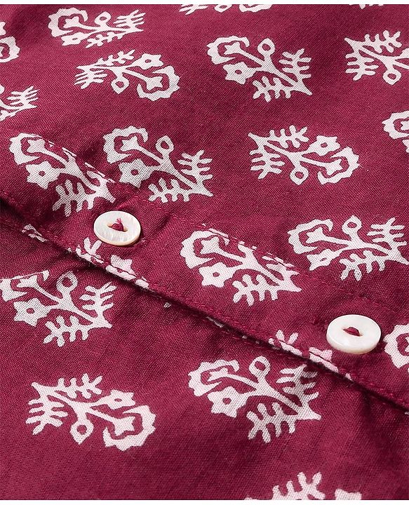 Pine Kids Cotton Woven Full Sleeves Floral Printed Kurta & Pajama Set - Maroon