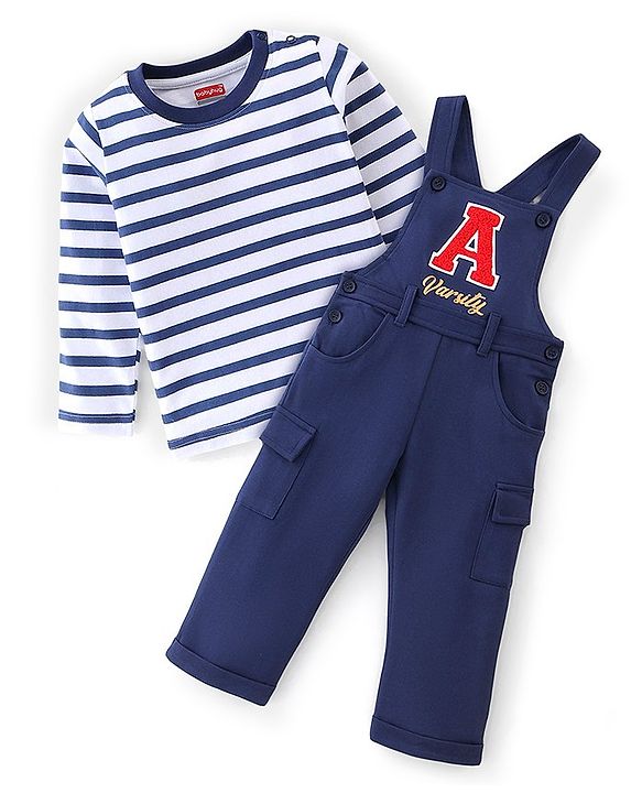 Babyhug 100% Cotton Knit Dungarees With Full Sleeves T-Shirt Text Print - White & Navy Blue