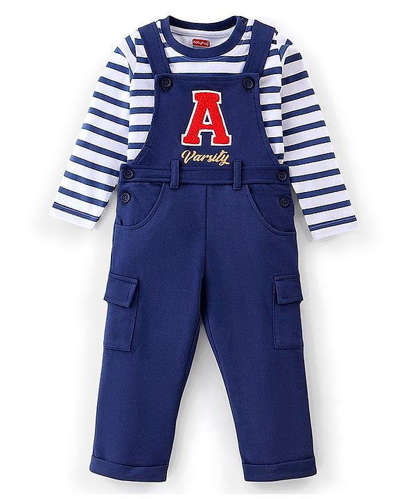 Babyhug 100% Cotton Knit Dungarees With Full Sleeves T-Shirt Text Print - White & Navy Blue