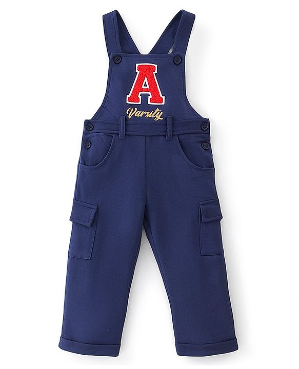 Babyhug 100% Cotton Knit Dungarees With Full Sleeves T-Shirt Text Print - White & Navy Blue