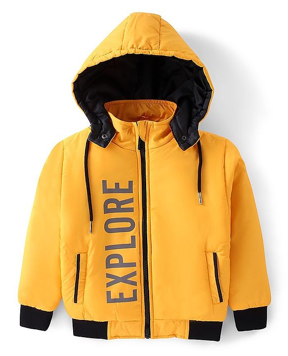 Pine Kids Full Sleeves Solid Color With Explore Printed Medium Winter Hooded Jacket - Yellow