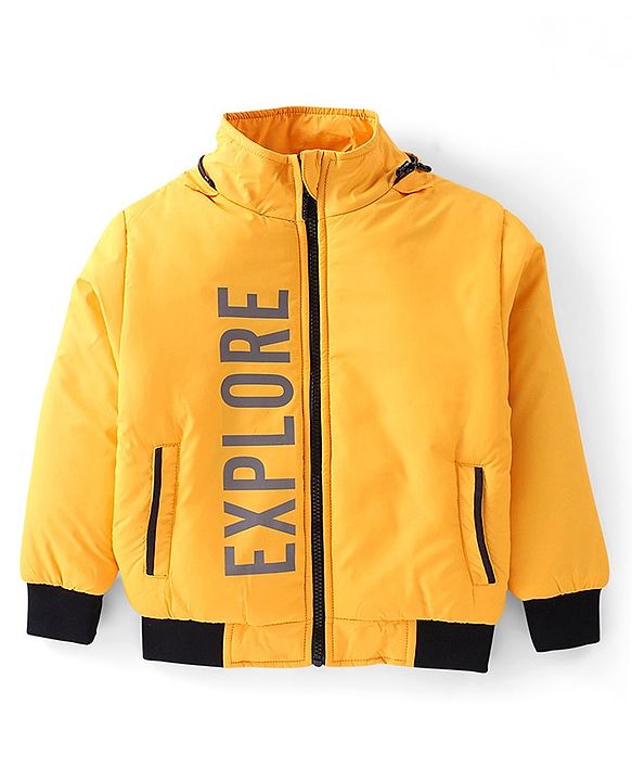 Pine Kids Full Sleeves Solid Color With Explore Printed Medium Winter Hooded Jacket - Yellow