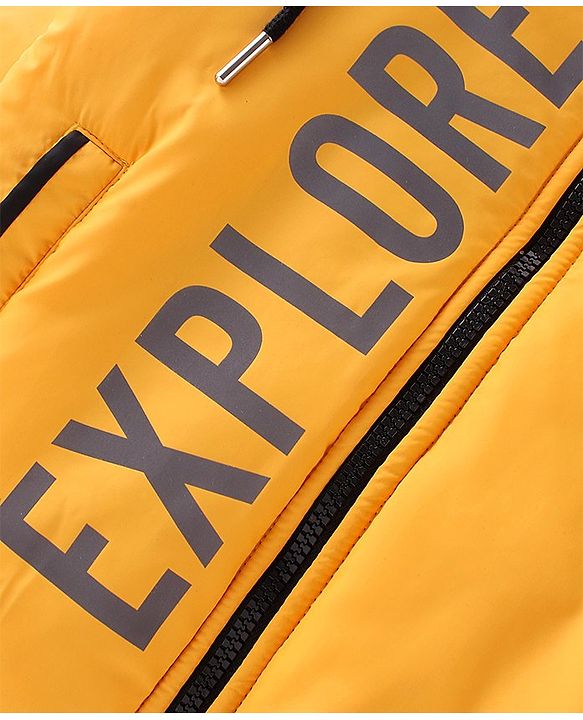 Pine Kids Full Sleeves Solid Color With Explore Printed Medium Winter Hooded Jacket - Yellow
