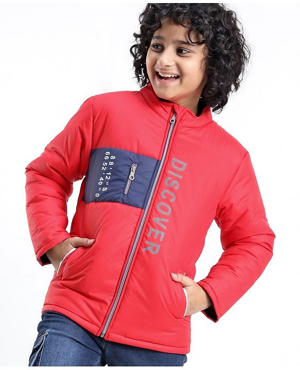 Pine Kids Full Sleeves Discover Printed Heavy Winter Jacket- Red