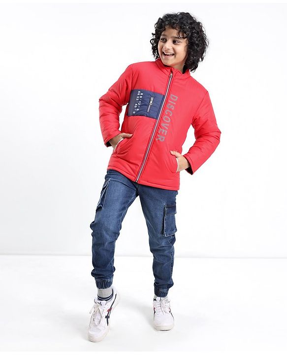 Pine Kids Full Sleeves Discover Printed Heavy Winter Jacket- Red
