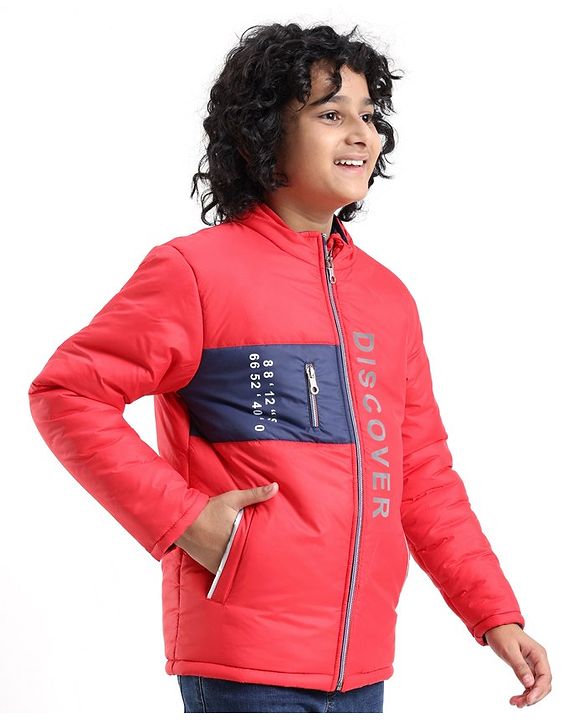 Pine Kids Full Sleeves Discover Printed Heavy Winter Jacket- Red