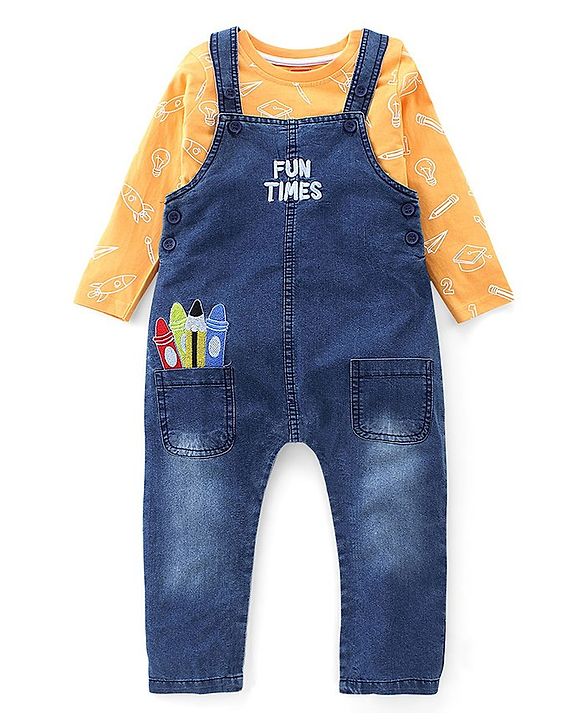 Babyhug Dungaree and Full Sleeves T-Shirt Set Rocket Print - Orange & Blue