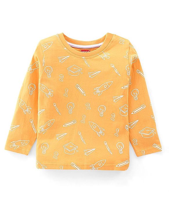 Babyhug Dungaree and Full Sleeves T-Shirt Set Rocket Print - Orange & Blue