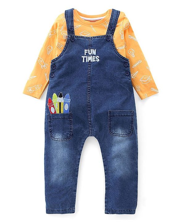 Babyhug Dungaree and Full Sleeves T-Shirt Set Rocket Print - Orange & Blue