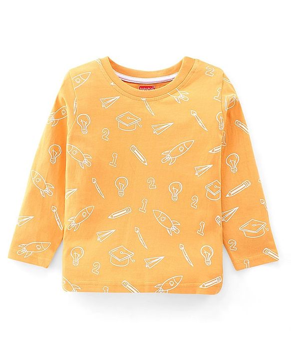 Babyhug Dungaree and Full Sleeves T-Shirt Set Rocket Print - Orange & Blue