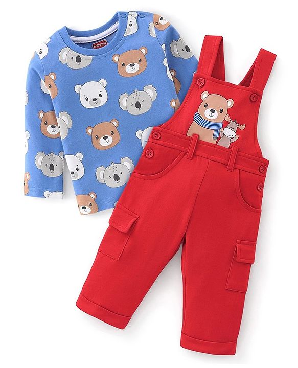 Babyhug 100% Cotton Knit Dungarees With Full Sleeves T-Shirt Animals Print - Red & Navy Blue