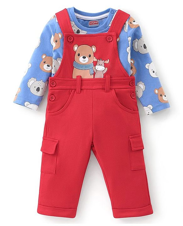Babyhug 100% Cotton Knit Dungarees With Full Sleeves T-Shirt Animals Print - Red & Navy Blue