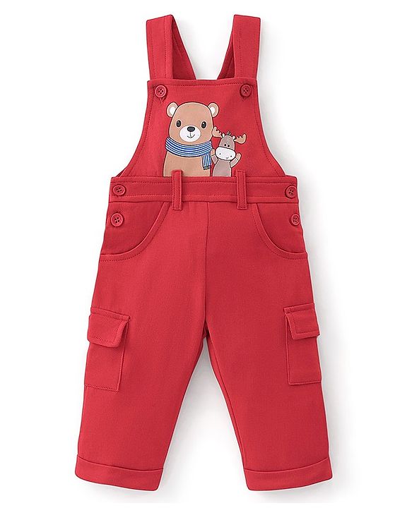 Babyhug 100% Cotton Knit Dungarees With Full Sleeves T-Shirt Animals Print - Red & Navy Blue