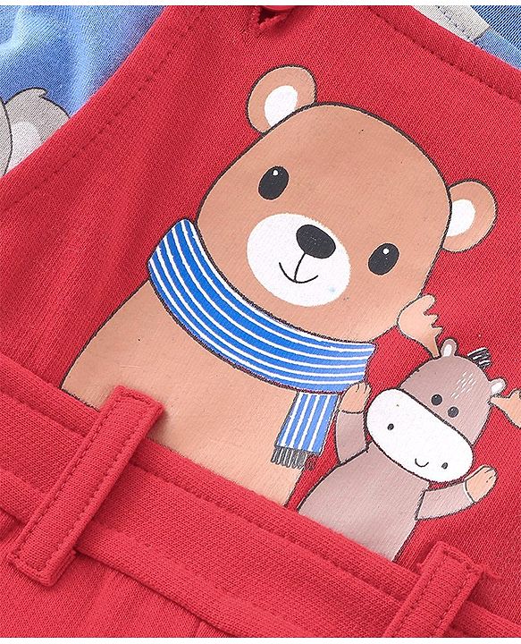 Babyhug 100% Cotton Knit Dungarees With Full Sleeves T-Shirt Animals Print - Red & Navy Blue