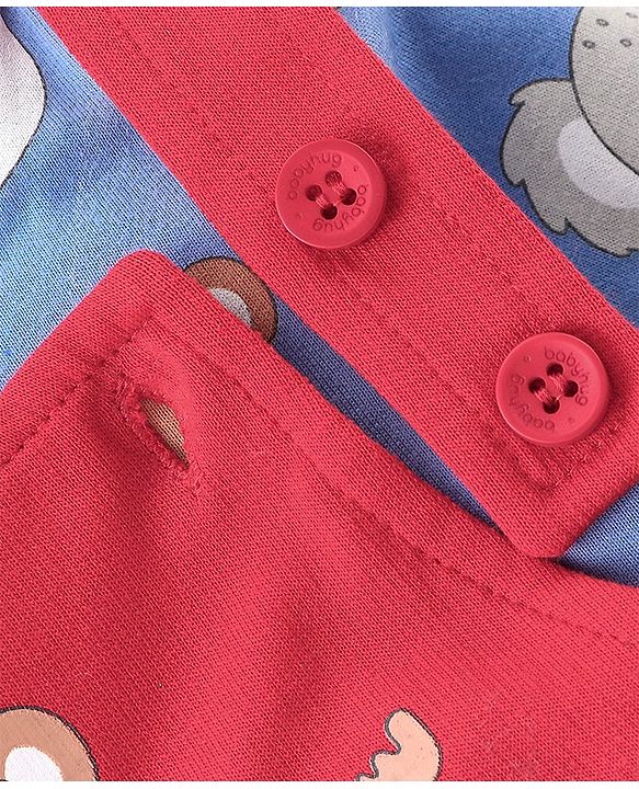 Babyhug 100% Cotton Knit Dungarees With Full Sleeves T-Shirt Animals Print - Red & Navy Blue