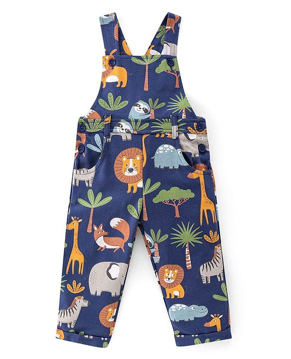 Babyhug Cotton Knit Lion Printed Dungaree with Full Sleeves Striped Inner Tee - Orange & Blue