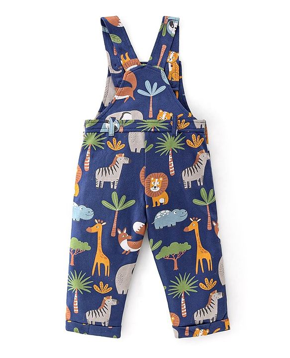 Babyhug Cotton Knit Lion Printed Dungaree with Full Sleeves Striped Inner Tee - Orange & Blue