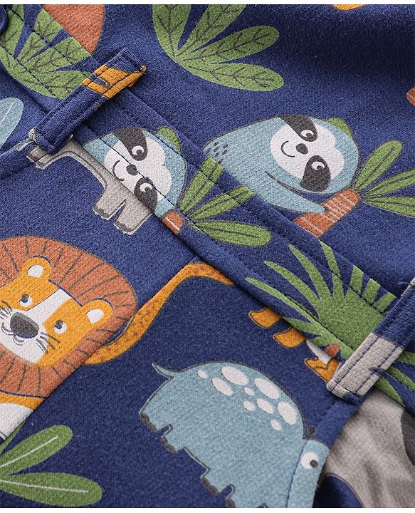 Babyhug Cotton Knit Lion Printed Dungaree with Full Sleeves Striped Inner Tee - Orange & Blue
