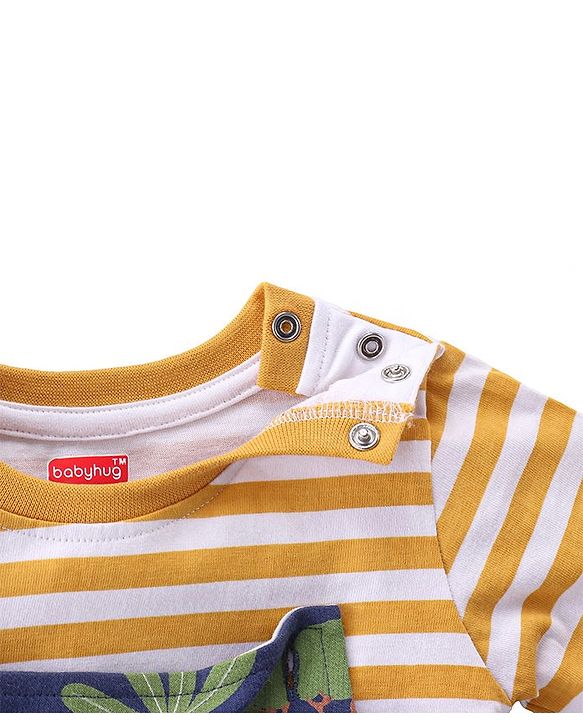 Babyhug Cotton Knit Lion Printed Dungaree with Full Sleeves Striped Inner Tee - Orange & Blue