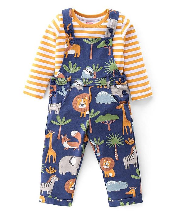 Babyhug Cotton Knit Lion Printed Dungaree with Full Sleeves Striped Inner Tee - Orange & Blue