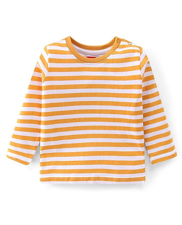 Babyhug Cotton Knit Lion Printed Dungaree with Full Sleeves Striped Inner Tee - Orange & Blue
