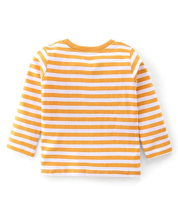 Babyhug Cotton Knit Lion Printed Dungaree with Full Sleeves Striped Inner Tee - Orange & Blue