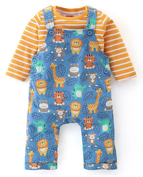 Babyhug 100% Cotton Knit Dungarees & Full Sleeves T-Shirt With Striped & Animals Print - Orange & Blue