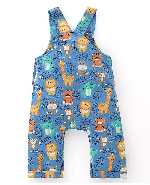 Babyhug 100% Cotton Knit Dungarees & Full Sleeves T-Shirt With Striped & Animals Print - Orange & Blue